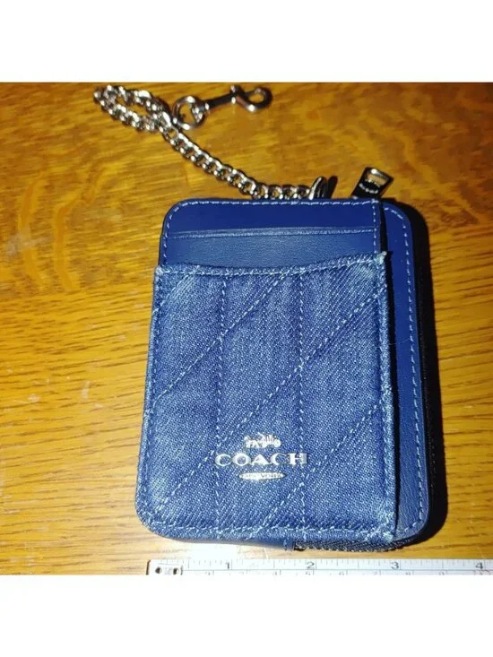 Coach Denim Blue Quilted Smooth Leather Zip Closure Wallet Chain Card Slots Silv - Picture 2 of 13